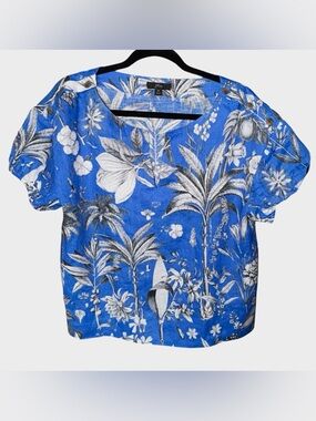 J. Crew 100% Linen Floral Top Boxy Blue Tropical Bird Beachy V Neck Women’s M